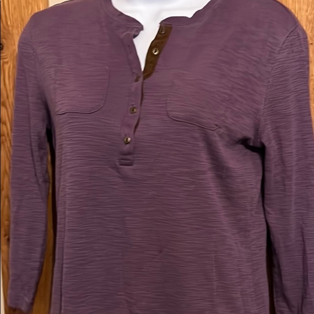 Chaps Size S tee, three quarter length sleeve, color is plum, cotton blend